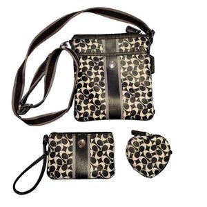 Coach 3 Piece Set F43893 Black White Heritage Signature Swing Pack Bag Wristlet